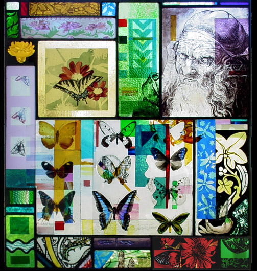Stained glass for door with a psychedelic collage of butterflies,lightning bugs,flowers and Durer's drawing of an old man